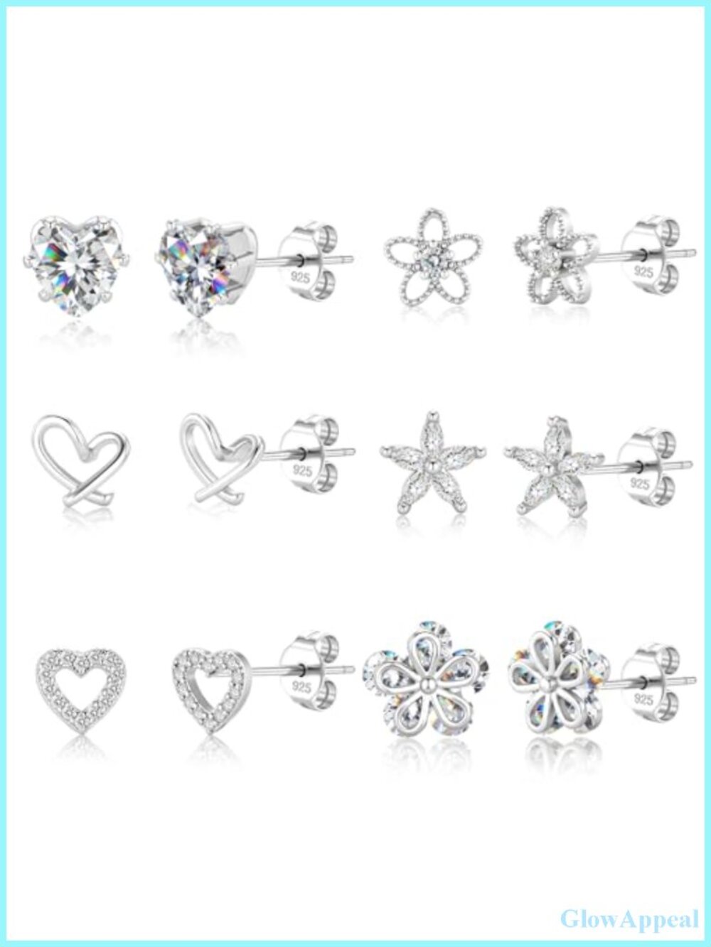 6 Pairs Heart & Flower CZ Stud Earrings 14k White Gold Plated Sterling Silver